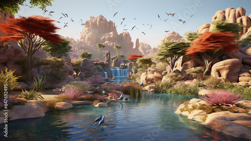Photographie an awe-inspiring artwork featuring a whimsical desert oasis, with lush greenery