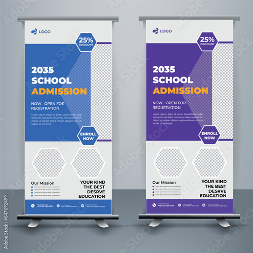 Modern and creative school admission Roll Up Banner template Premium Vector, school admission roll up banner design for school, college, university, and coaching center.