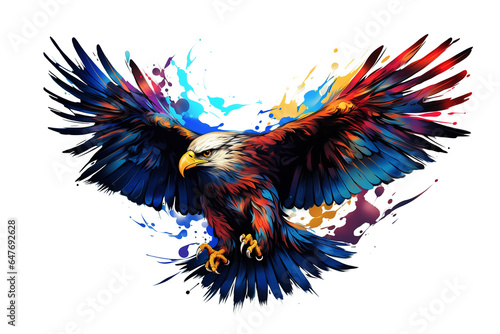 Image of colorful flying eagle on white background. Birds. Wildlife Animals. Illustration, Generative AI