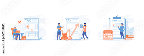 Tax preparation concept, Corporate tax, taxable income, fiscal year, document preparation, payment planning, set flat vector modern illustration