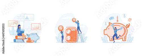 Finance Savings Concept, study and fulfill financial savings, Family couple saving money.  finance management services and applications, set flat vector modern illustration 