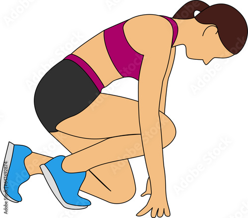 Female Sprinter Illustration. Athlete in Starting Position Ready for Race. Track & Field Sportsmanship, Fitness and Strength, Ideal for Sports, Fitness, and Running-Themed Content