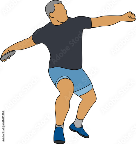 Male athletes are practicing in the arena, holding discus in hand and looking into the distance, preparing to throw.