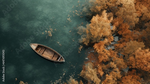 Generative AI  boat at the calm lake in autumn with serene water around  fall landscape