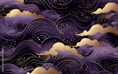 Seamless pattern with waves, in black, purple and gold style, in japanese style