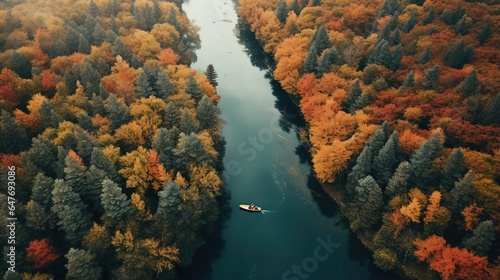 Generative AI, boat at the calm lake in autumn with serene water around, fall landscape