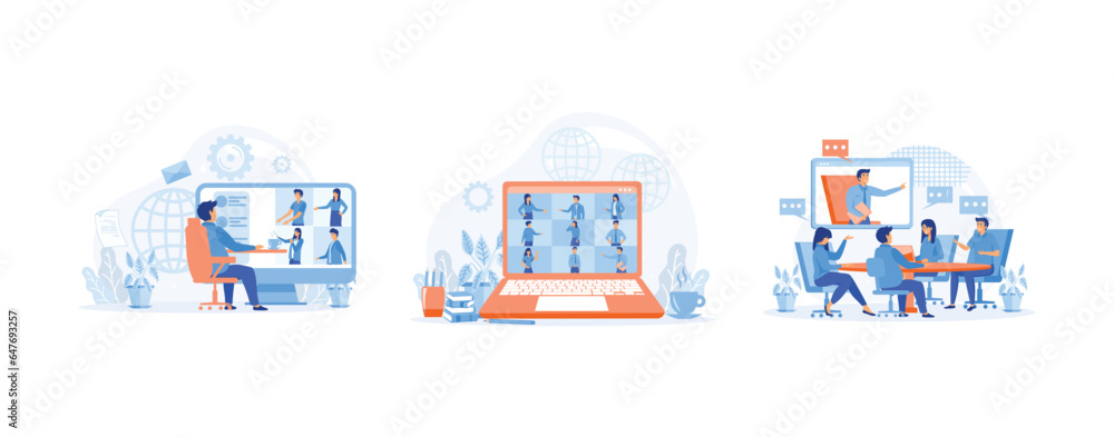 Video conferencing and online communication vector concept. work from home and work from anywhere, set flat vector modern illustration