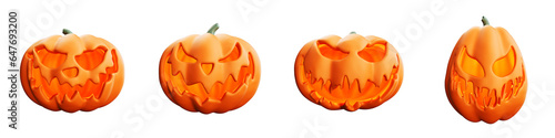 Halloween set of pumpkins for the holiday. Realistic 3D orange pumpkins with a scary happy smile carved out. Collection of 3d objects. Design elements isolated on transparent background. 3D illustrati