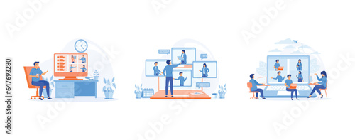 video conference, remote work, technology concept, Online Discussion, set flat vector modern illustration