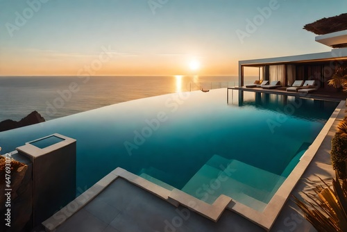 A cliffside villa with a glass-bottom pool overlooking the ocean during the golden hour.  © ZUBI CREATIONS