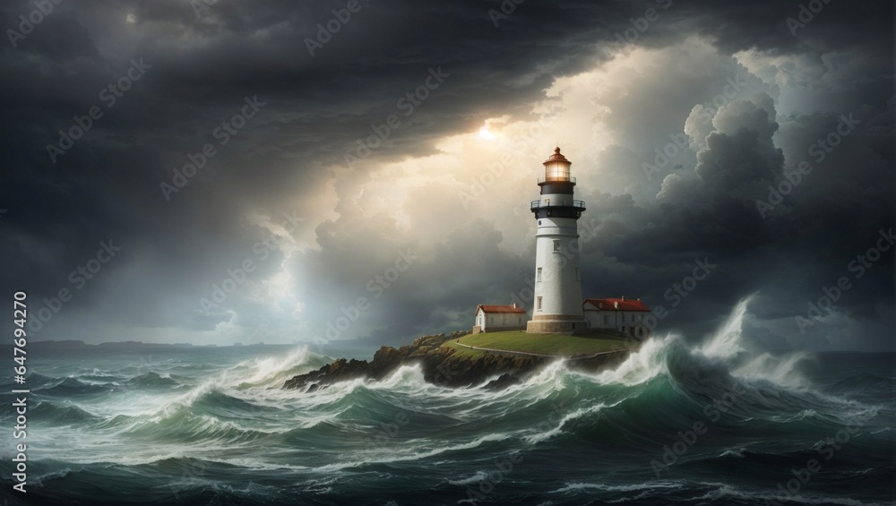 Lighthouse in stormy landscape