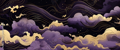 Seamless pattern with waves, in black, purple and gold style, in japanese style