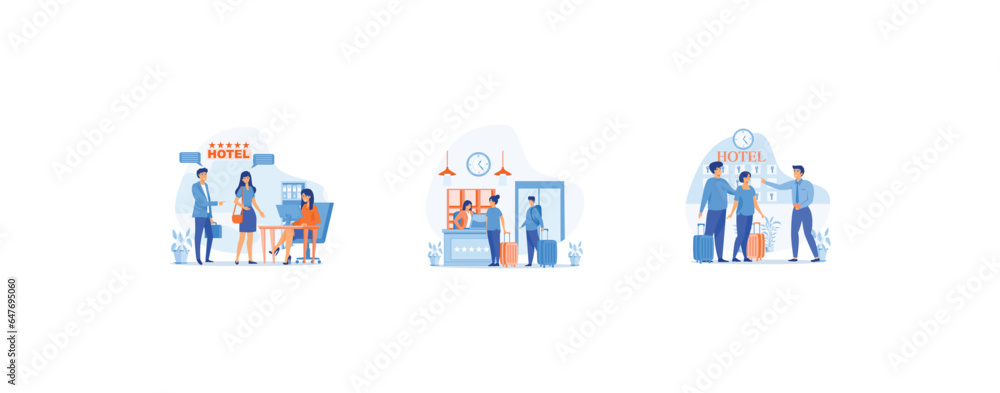 hotel receptionist, Receptionist welcomes the guest. receptionist giving key from room. Customers consulting manager at reception, set flat vector modern illustration 