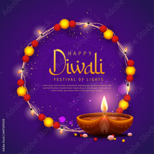 Happy Diwali Poster with Diya Lamp Vector Illustration. Indian festival of lights Design. Suitable for Greeting Card, Banner, Flyer, Template.