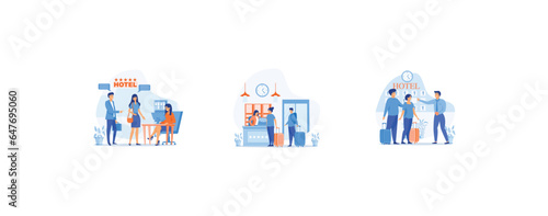 hotel receptionist, Receptionist welcomes the guest. receptionist giving key from room. Customers consulting manager at reception, set flat vector modern illustration 