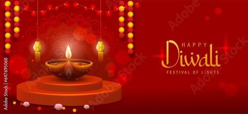Happy Diwali Poster with Diya Lamp Vector Illustration. Indian festival of lights Design. Suitable for Greeting Card, Banner, Flyer, Template.