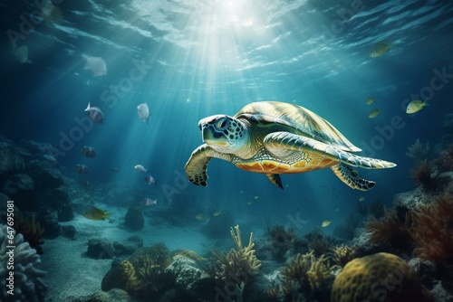 a turtle glides through the deep sea. Generative AI