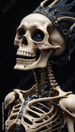 Skeleton woman with hair and eyes. Fantasy illustration of non-human anatomy with black background