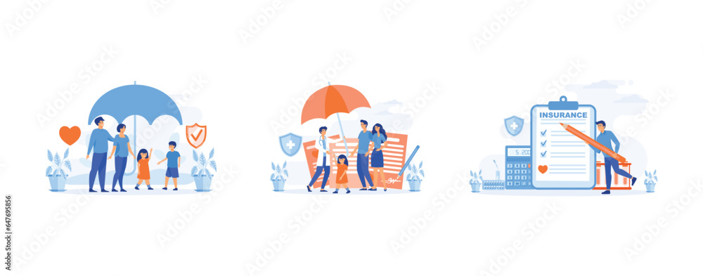 Health and life insurance concept, Family standing under insurance umbrella, Man fills out health insurance form, set flat vector modern illustration   