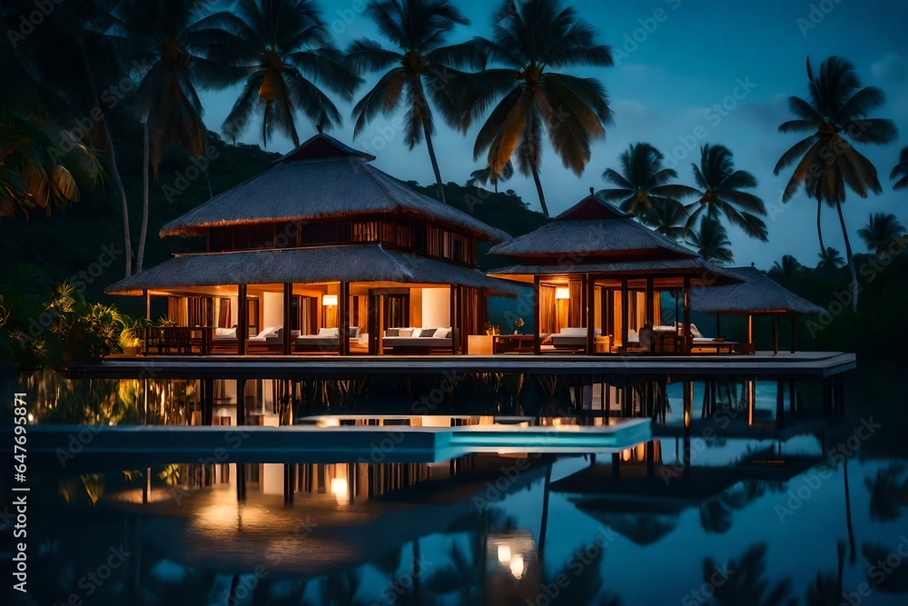 An exclusive island villa bathed in moonlight. 