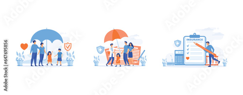 Health and life insurance concept  Family standing under insurance umbrella  Man fills out health insurance form  set flat vector modern illustration   