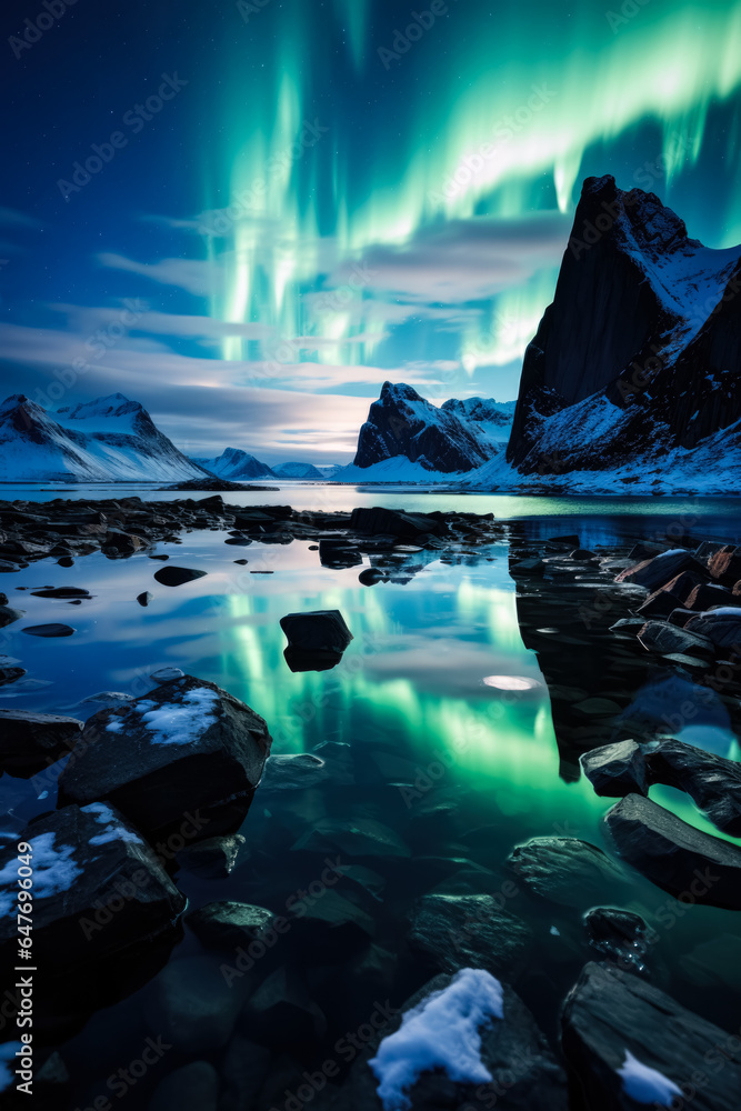 Glaciers in the Arctic sea under Northern Lights expressing natures cold mystical elegance 