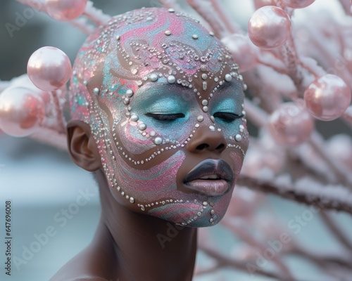 A beautiful woman wearing a mask of opal and pearl baubles stands outdoors, her face shimmering with surreal glitter, creating a mesmerizing portrait that captures the spirit of the new year photo