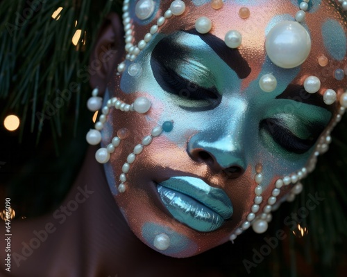 On a surreal new year's eve, a beautiful woman wearing a painted masque and adorned with opal and pearl baubles stands as a captivating portrait of mystery and elegance