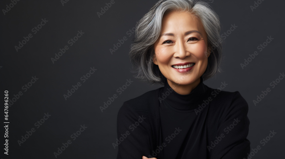 Captured in a studio, a mature Asian woman showcases a radiant, wide smile.. Captured in a studio, a mature Asian woman showcases a radiant, wide smile..