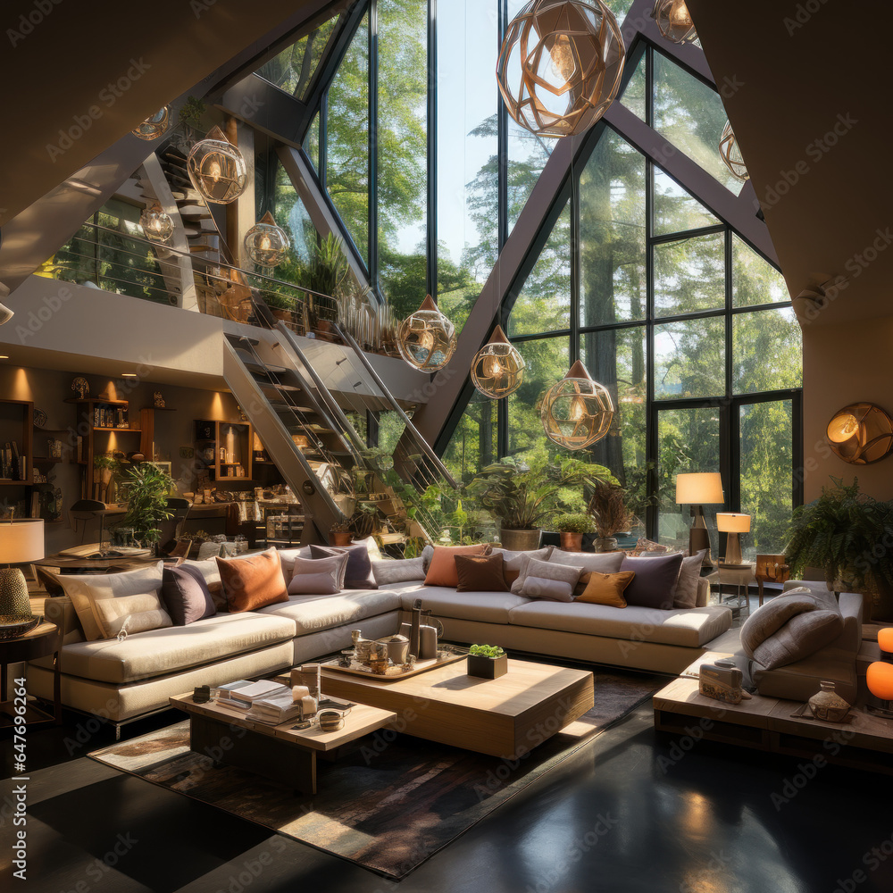Family room with plush bean bags under a pitched
Family room with plush bean bags under a pitched