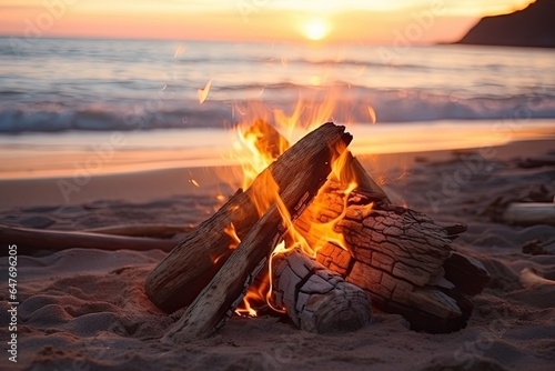 Burning campfire on the beach