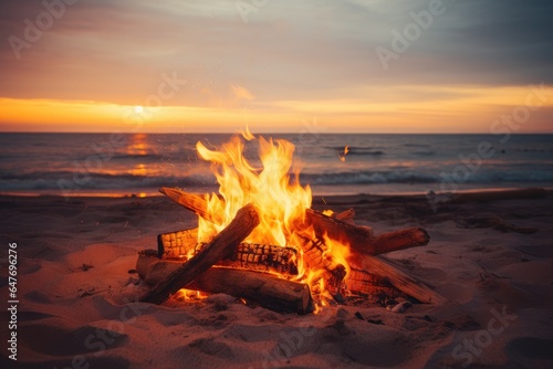 Burning campfire on the beach photo