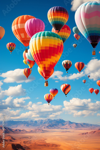 Colorful Celebration in the Blue Sky: Large Group of Helium Balloons in Mid-Air