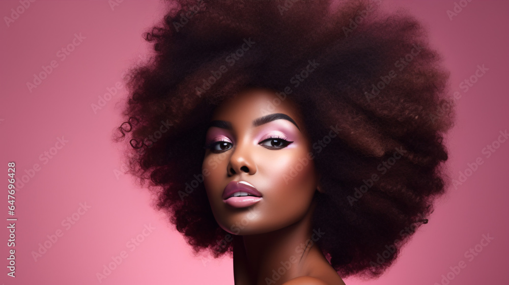 A stunning portrait showcasing the beauty of an African American woman with a glamorous afro hairstyle and makeup.