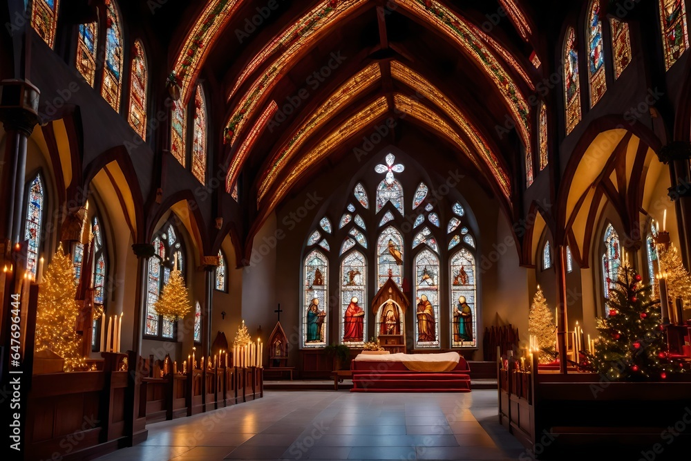 a traditional church interior with a beautiful nativity scene, candlelit altar, and stained glass windows reflecting the Christmas story. 