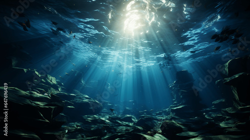 Dunkelblaue Meeresoberfläche, Sonnenstrahlen unter Wasser, Meeresbodens, Fisch, Riff