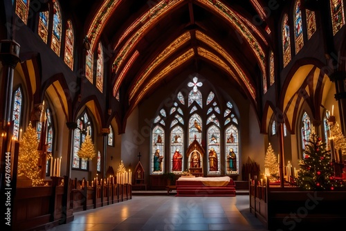 a traditional church interior with a beautiful nativity scene  candlelit altar  and stained glass windows reflecting the Christmas story. 