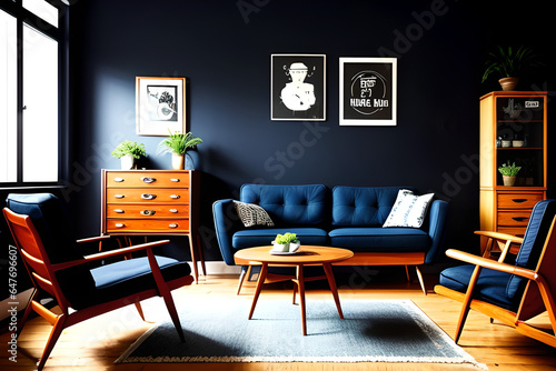Dark blue home interior with old retro furniture, hipster style. Wide view