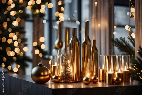 a chic modern apartment with minimalist Christmas decor, featuring sleek ornaments and contemporary lighting. 