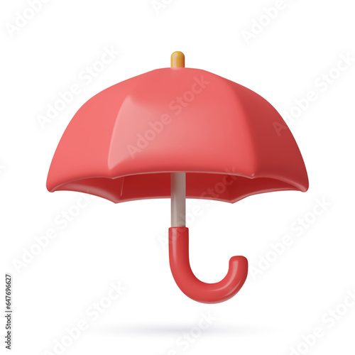 Red umbrella 3d icon. Protection and safety concept. Toy plastic minimal three dimensional vector object isolated on white.