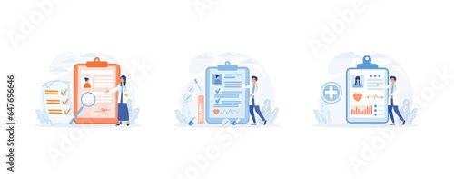 Medical history and health record paper for hospital doctor, Tablet with patient's photo, cardiogram and health indicators for monitoring, history or profile, information for diagnostics. set flat vec