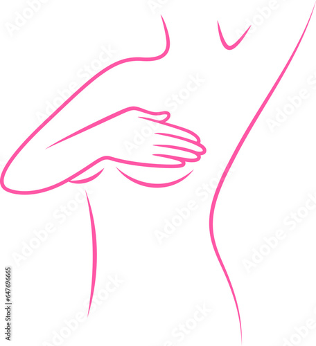 Breast self-exam, Information for self-examination. Woman checking her breast, outline style. Breast cancer awareness month. Illustration.