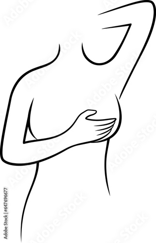 Breast self-exam, Information for self-examination. Woman checking her breast, outline style. Breast cancer awareness month. Illustration.