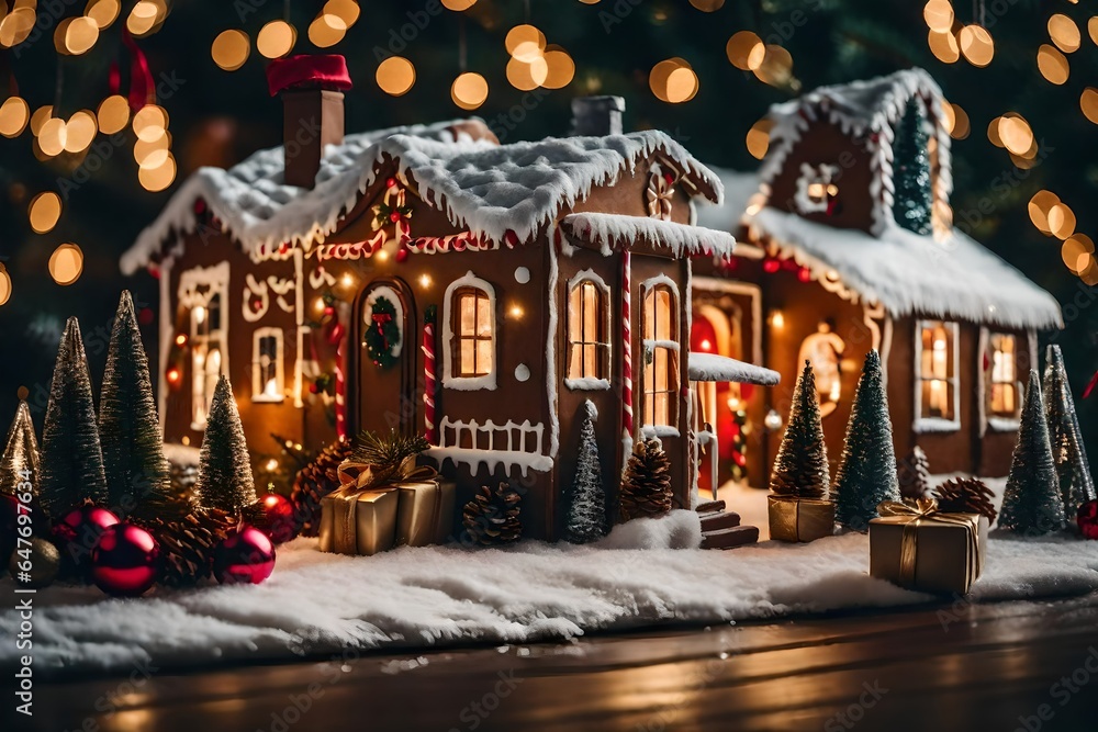 A postcard-worthy vintage Christmas scene with a gingerbread-style house. 