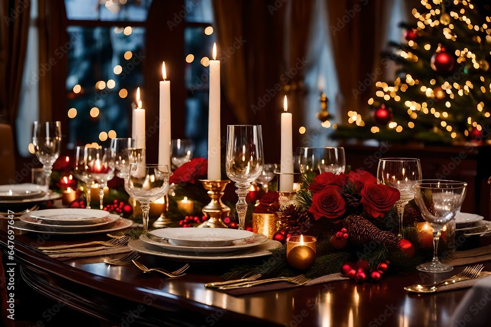 a warmly lit, elegant dining room set for a formal Christmas dinner, with fine china, crystal glassware, and holiday centerpieces. 