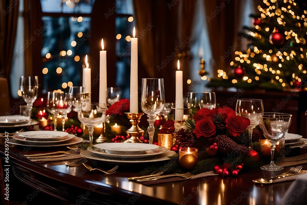 a warmly lit, elegant dining room set for a formal Christmas dinner, with fine china, crystal glassware, and holiday centerpieces. a warmly lit, elegant dining room set for a formal Christmas dinner, with fine china, crystal glassware, and holiday centerpieces.