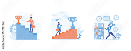 Business people holding trophy cup standing on the stair. Success and professional achievement, set flat vector modern illustration 