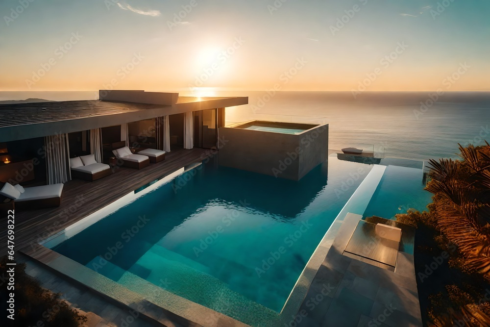 A cliffside villa with a glass-bottom pool overlooking the ocean during the golden hour. 