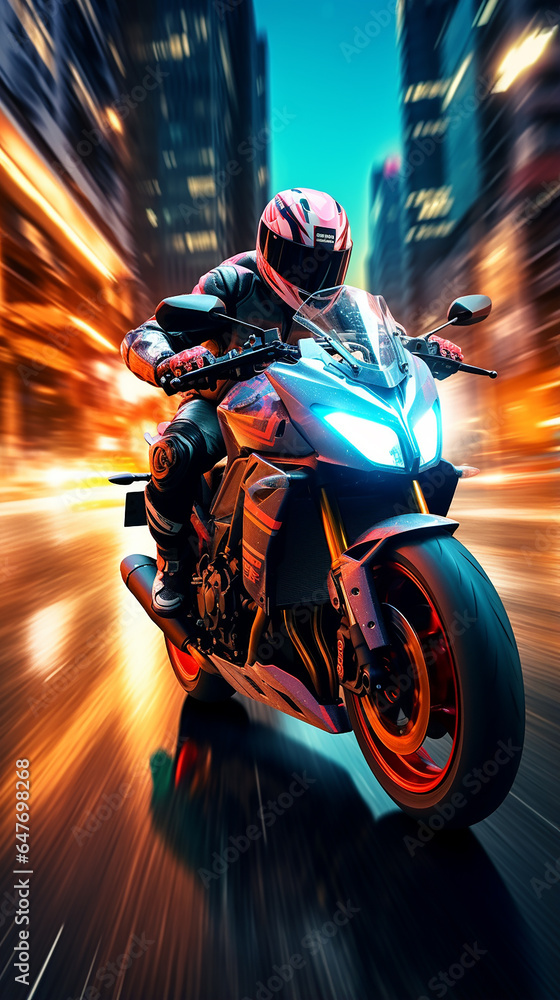 Briga de motocicleta de corrida com trilhas de luz de velocidade dinâmica abstrata de longa exposição em uma cidade de ambiente urbano, luzes de néon
