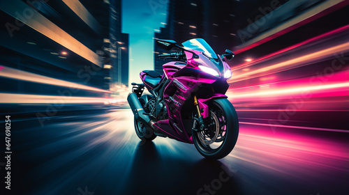 Briga de motocicleta de corrida com trilhas de luz de velocidade dinâmica abstrata de longa exposição em uma cidade de ambiente urbano, luzes de néon photo